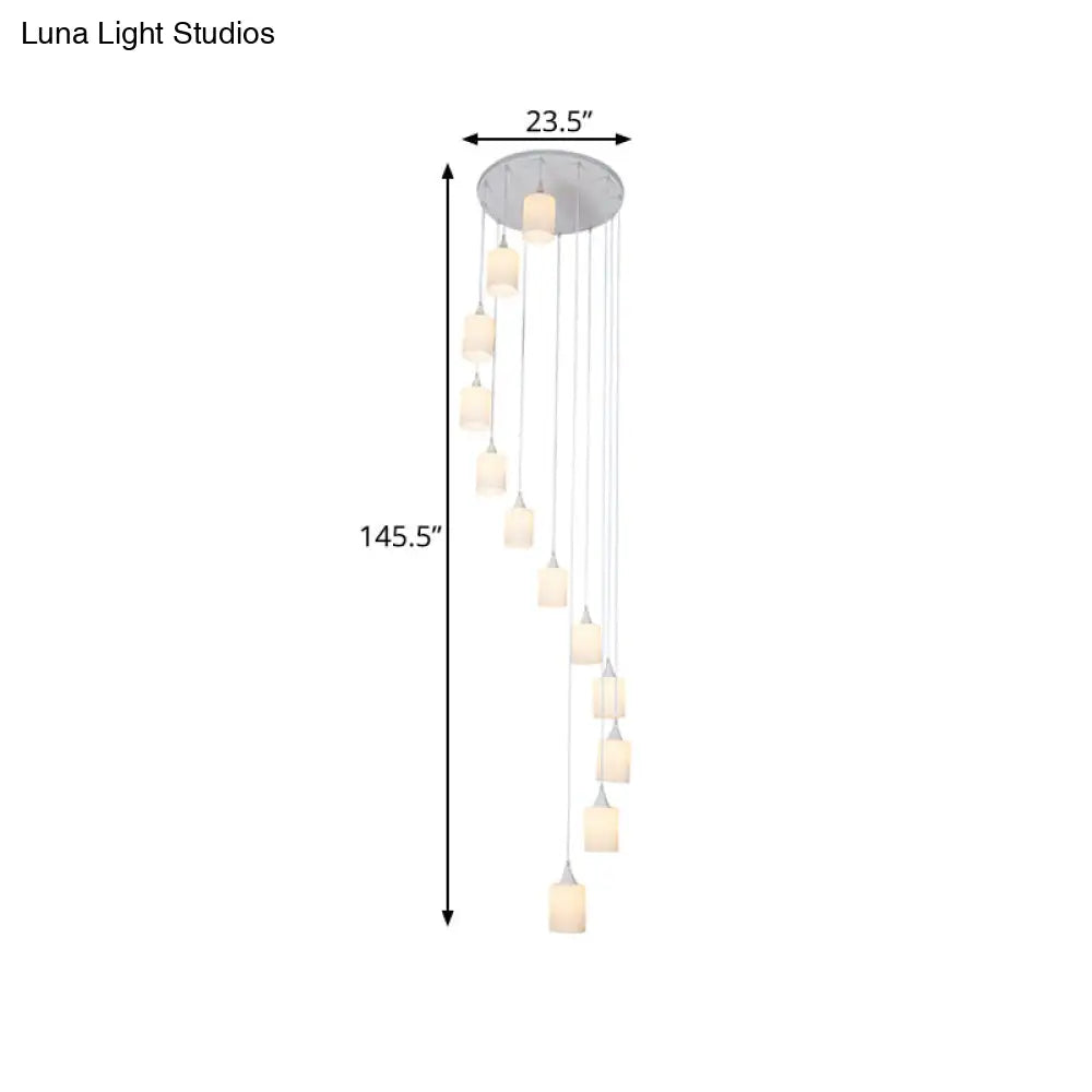 Contemporary Milk Glass Spiral Stair Pendant Light - 12 Head Round/Square Cluster White Hanging Lamp