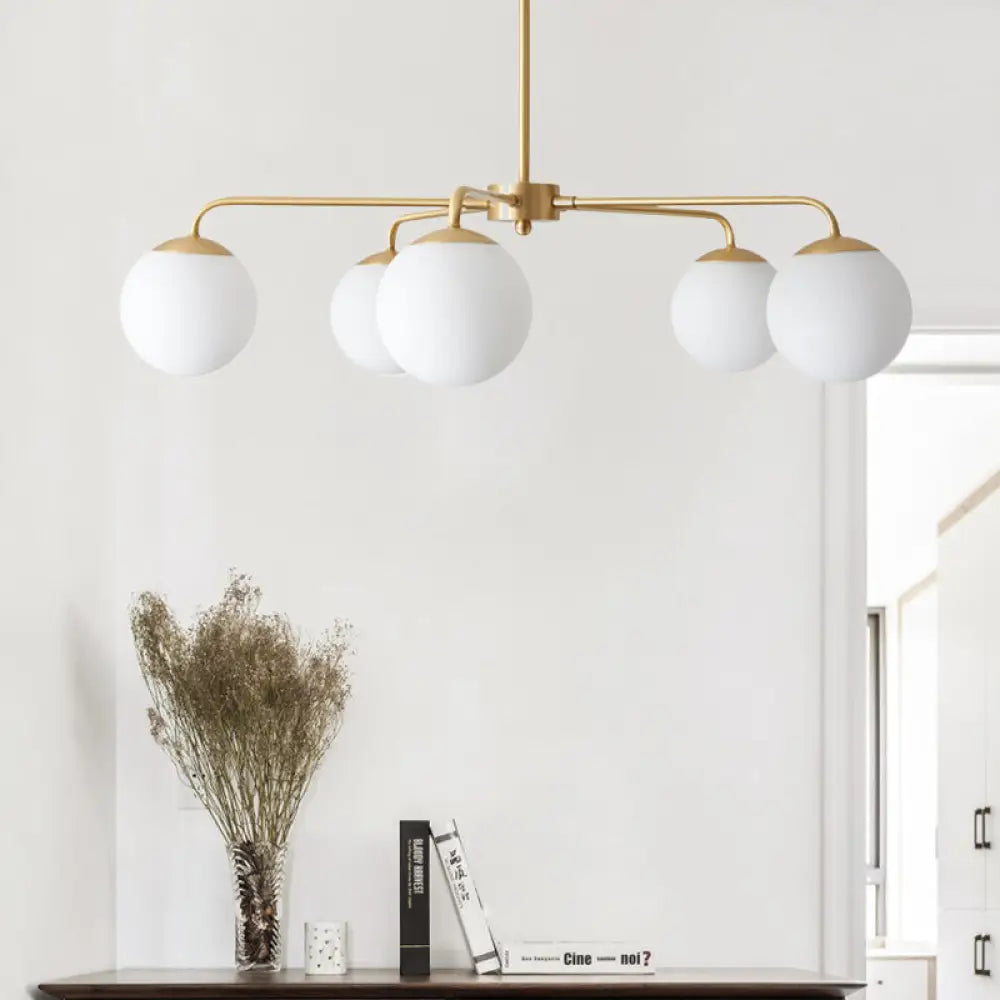 Contemporary Milky Glass Chandelier - 5-Head Brass Hanging Ceiling Light