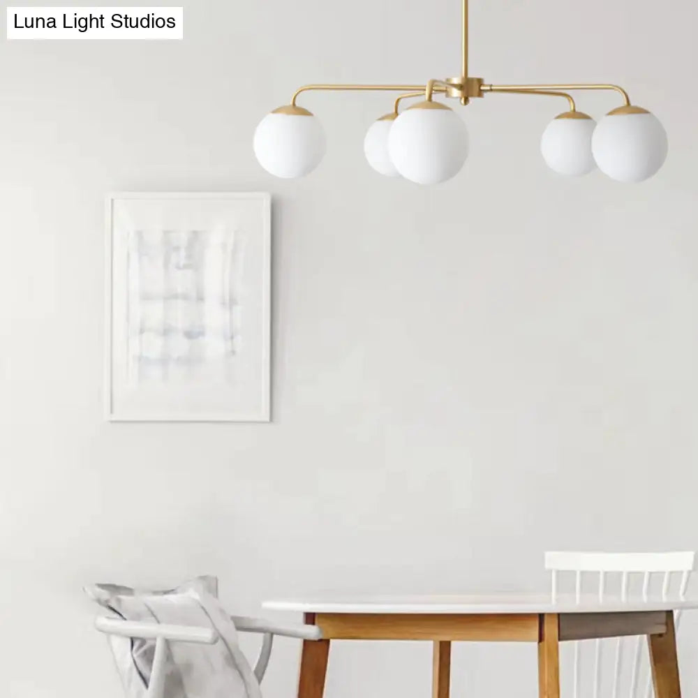 Contemporary Milky Glass Chandelier - 5-Head Brass Hanging Ceiling Light