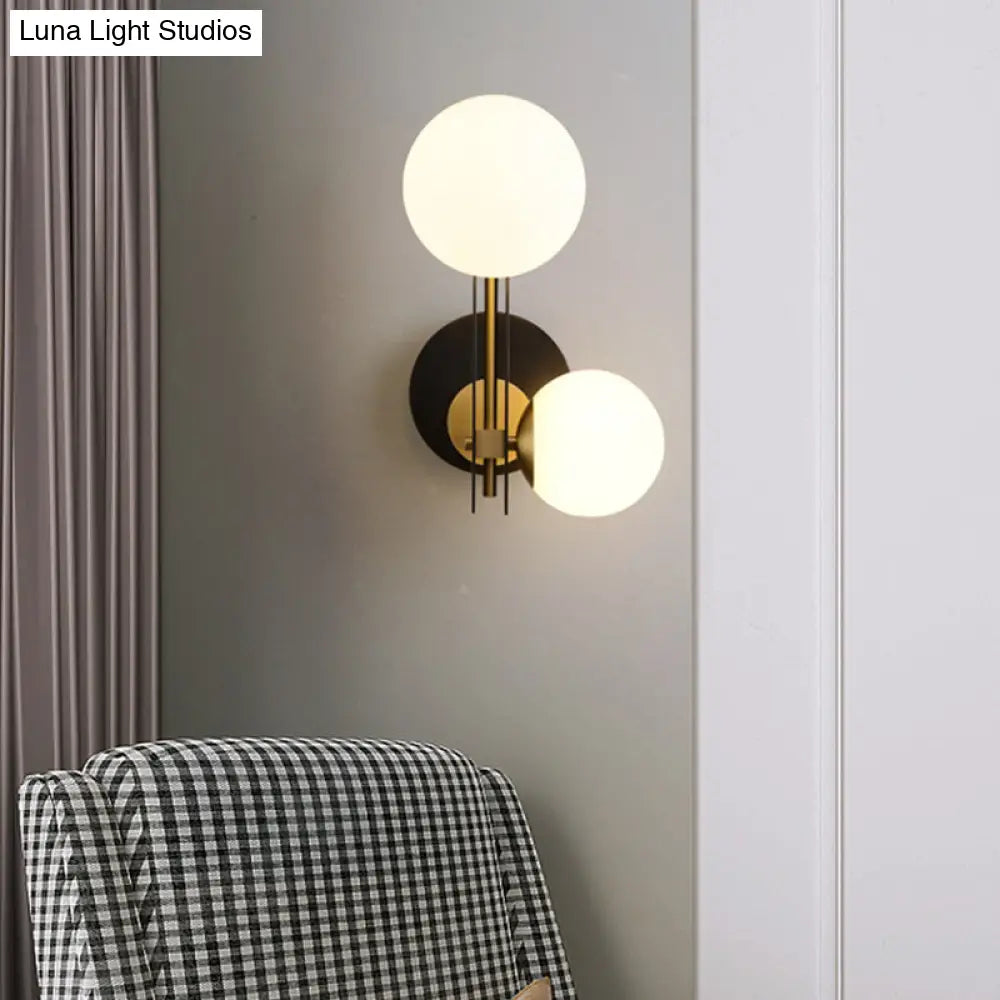 Contemporary Milky Glass Wall Sconce Light - 2 Bulbs Black & Gold