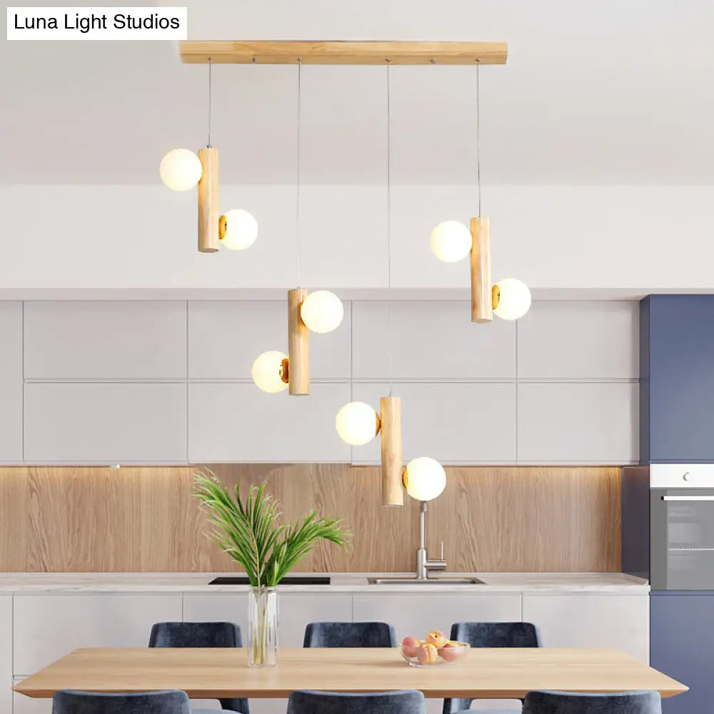 Modern Cream Glass Dining Room Pendant Light With Multiple Wood Suspension