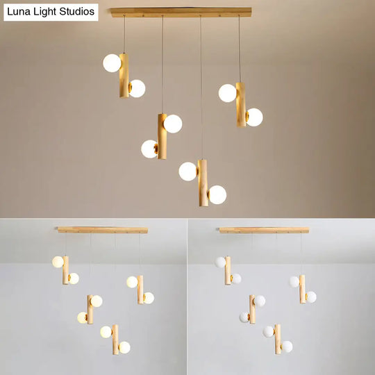 Contemporary Modo Light Cream Glass Pendant In Wood For Dining Room