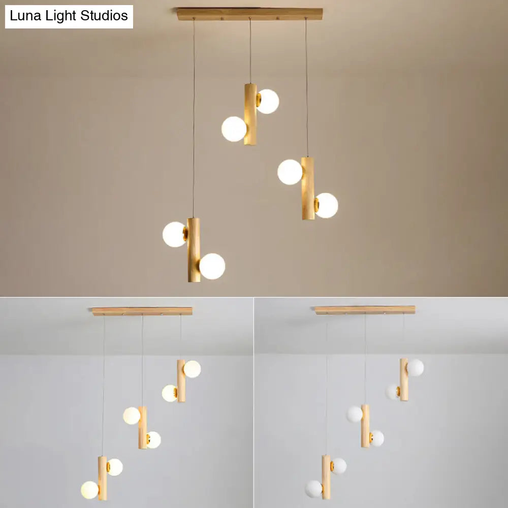 Modern Cream Glass Dining Room Pendant Light With Multiple Wood Suspension