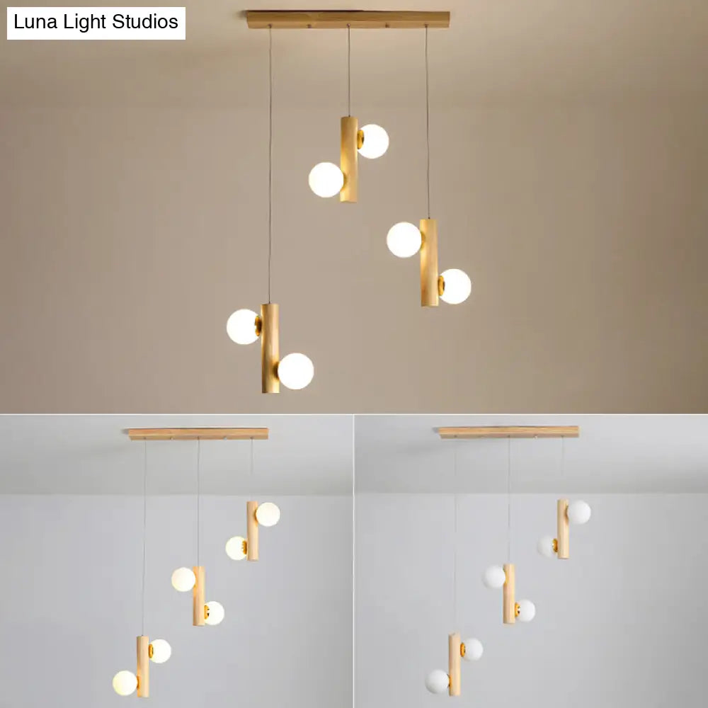 Contemporary Modo Light Cream Glass Pendant In Wood For Dining Room