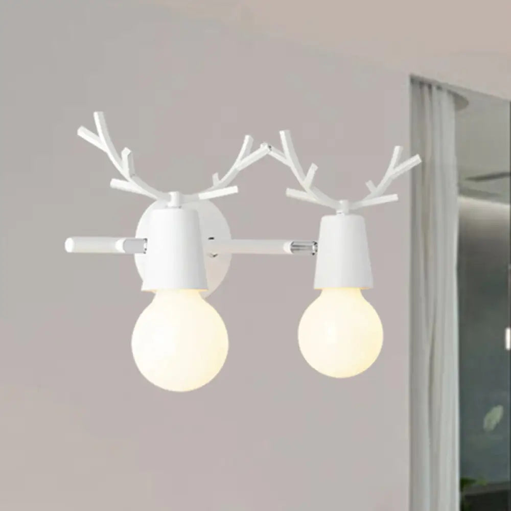 Contemporary Monochrome Wall Light Antlers - 2-Light Metal Sconce For Foyer & Kindergarten White