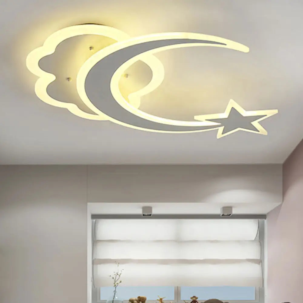 Contemporary Moon And Star Bedroom Ceiling Light White / Warm