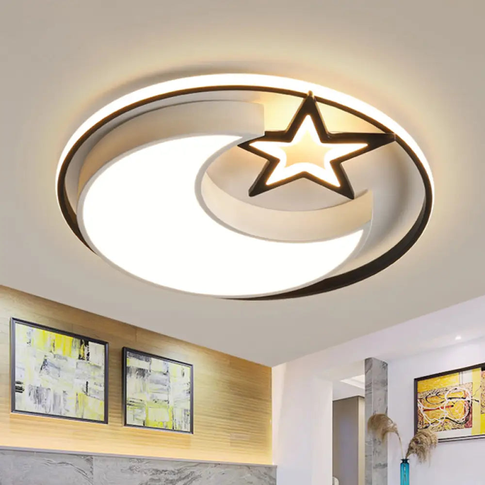 Contemporary Moon And Star Led Flush Light In Black - Ceiling Mounted For Bedroom