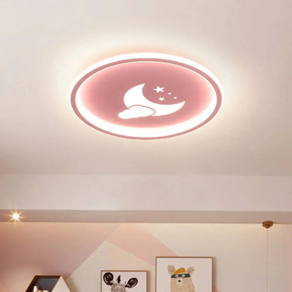 Contemporary Moon And Star Pink/White Round Acrylic Led Ceiling Light Pink