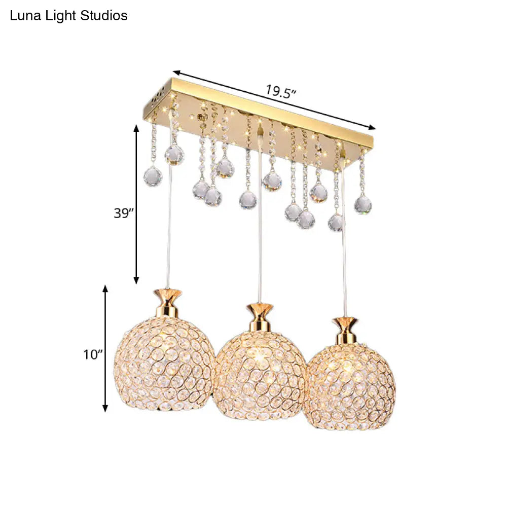 Contemporary Multi-Pendant Hanging Light With Crystal Encrusted Balls - 3 Bulbs Gold Finish