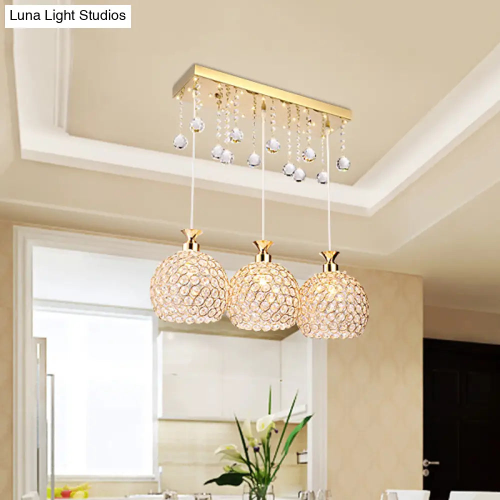 Contemporary Multi-Pendant Hanging Light With Crystal Encrusted Balls - 3 Bulbs Gold Finish