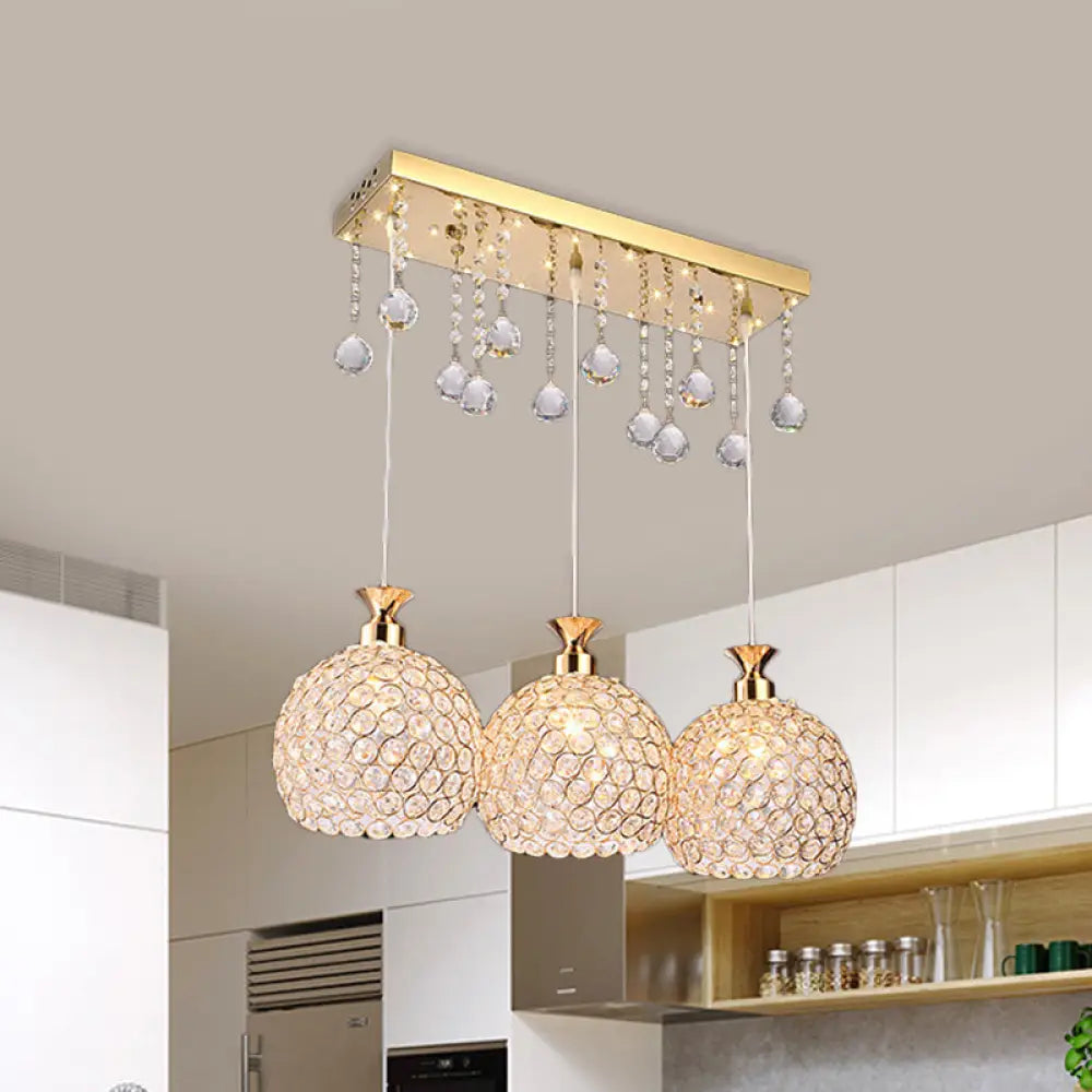 Contemporary Multi-Pendant Hanging Light With Crystal Encrusted Balls - 3 Bulbs Gold Finish