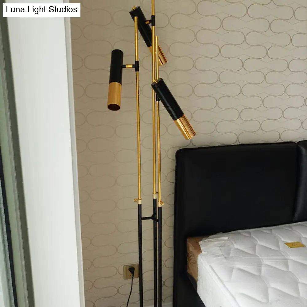 Contemporary Nordic 3-Headed Floor Light In Gold And Black Tube Design With Metallic Shade