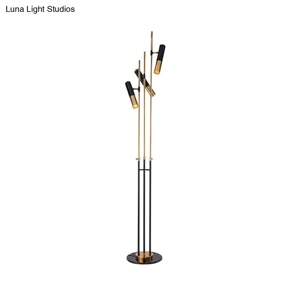 Contemporary Nordic 3-Headed Floor Light In Gold And Black Tube Design With Metallic Shade