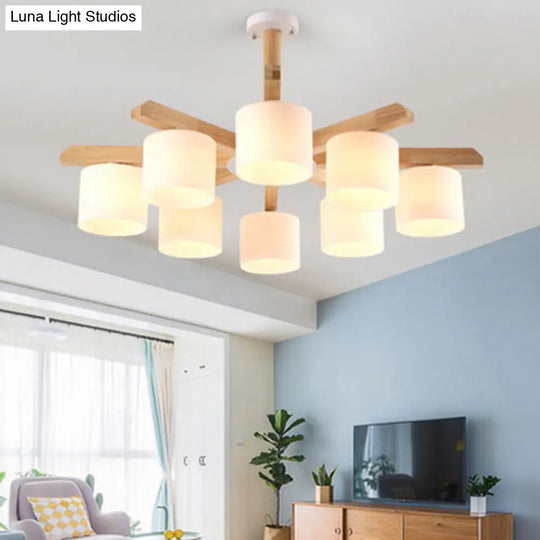 Contemporary Opal Glass Barrel Shade Led Wood Chandelier For Living Room
