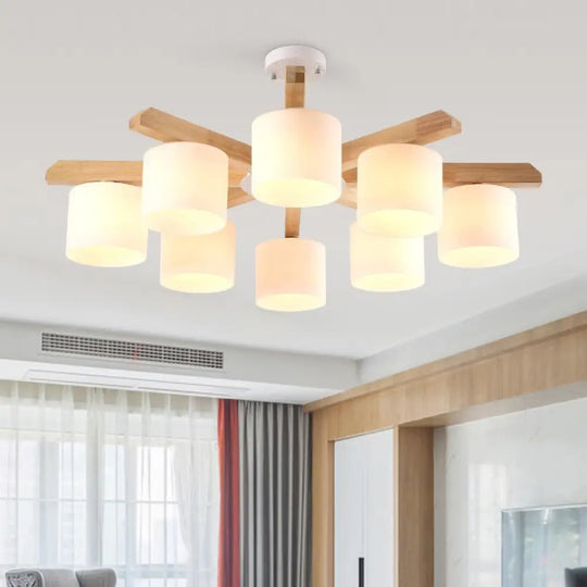 Contemporary Opal Glass Barrel Shade Led Wood Chandelier For Living Room 8 /