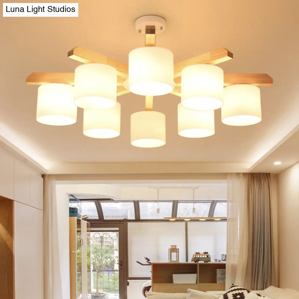 Contemporary Opal Glass Barrel Shade Led Wood Chandelier For Living Room