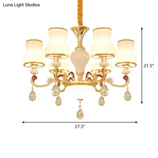 Contemporary Opal Glass Curved Cone Chandelier Light With Crystal Drop Deco - Gold Finish 3/6 Bulbs