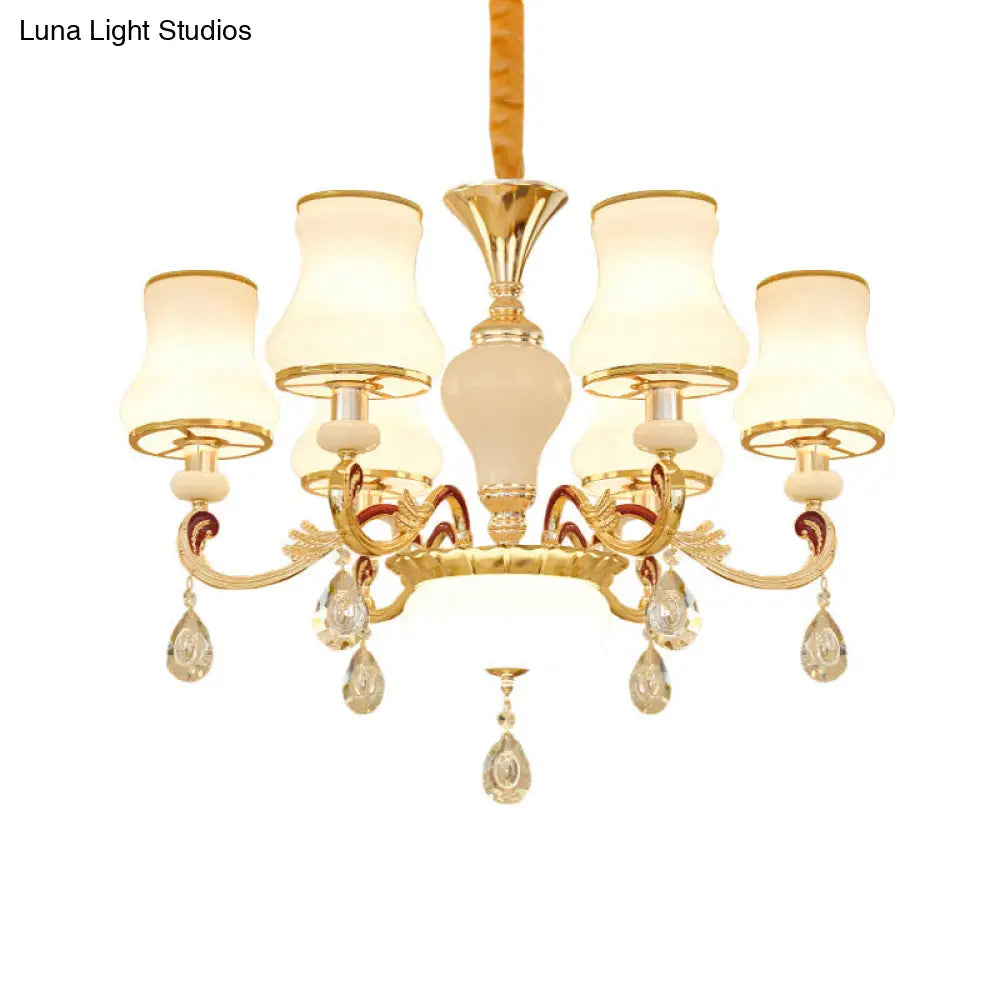 Modern Opal Glass Curved Cone Chandelier With Crystal Deco - 3/6 Bulbs Gold Pendant Drop Light