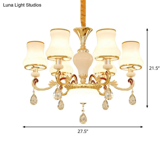 Modern Opal Glass Curved Cone Chandelier With Crystal Deco - 3/6 Bulbs Gold Pendant Drop Light