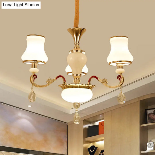 Contemporary Opal Glass Curved Cone Chandelier Light With Crystal Drop Deco - Gold Finish 3/6 Bulbs