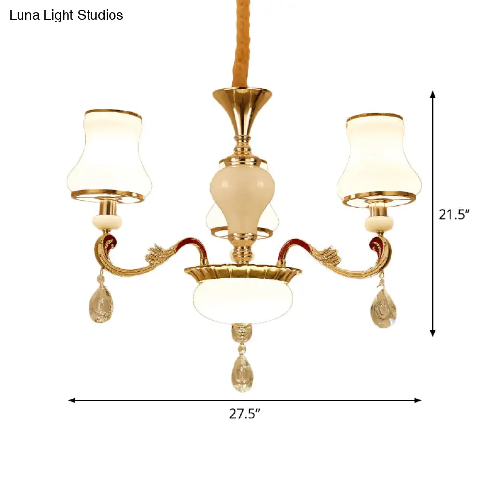 Contemporary Opal Glass Curved Cone Chandelier Light With Crystal Drop Deco - Gold Finish 3/6 Bulbs