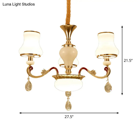 Contemporary Opal Glass Curved Cone Chandelier Light With Crystal Drop Deco - Gold Finish 3/6 Bulbs