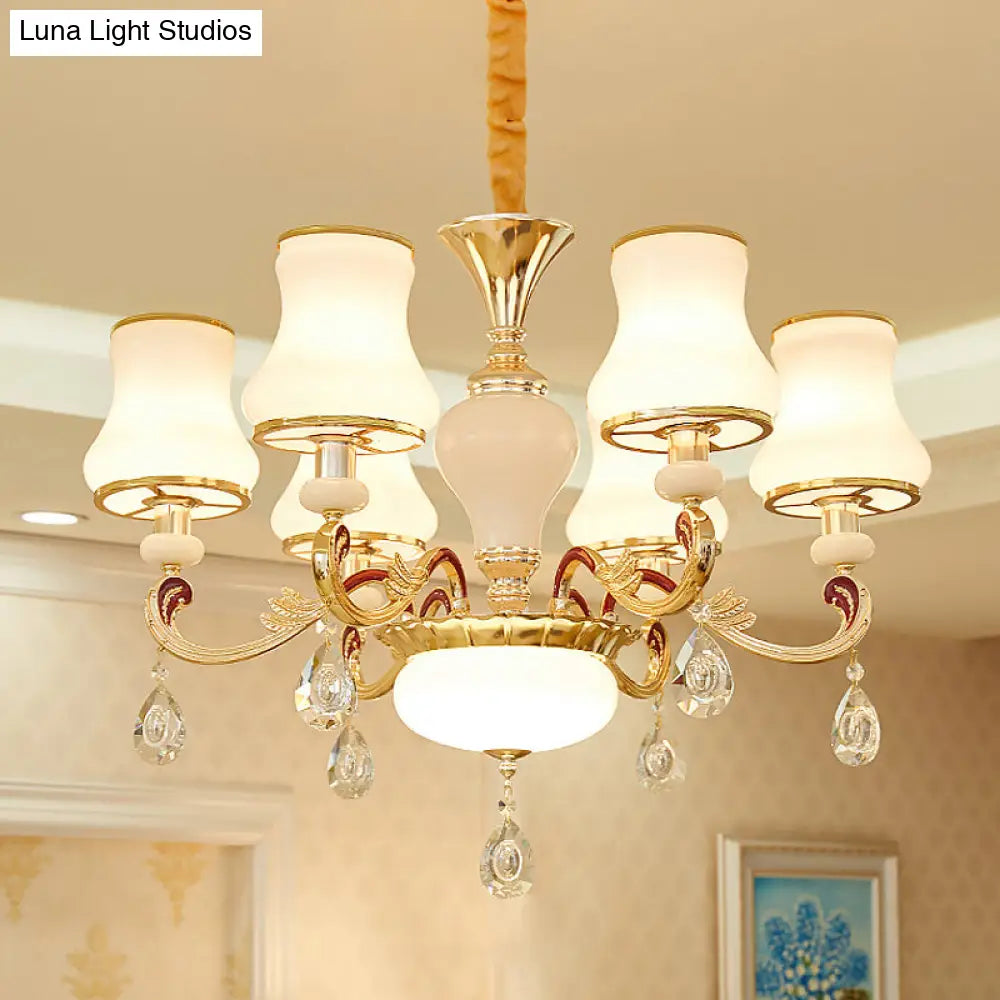 Modern Opal Glass Curved Cone Chandelier With Crystal Deco - 3/6 Bulbs Gold Pendant Drop Light 6 /