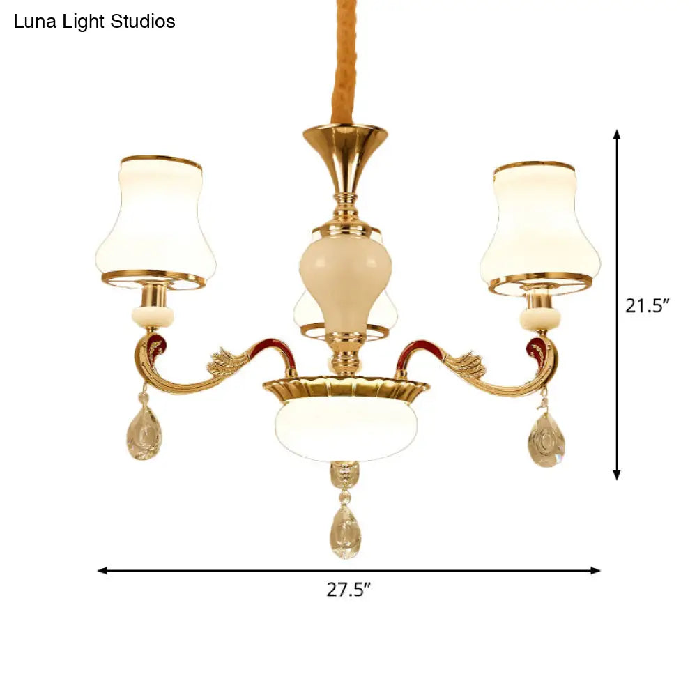 Modern Opal Glass Curved Cone Chandelier With Crystal Deco - 3/6 Bulbs Gold Pendant Drop Light