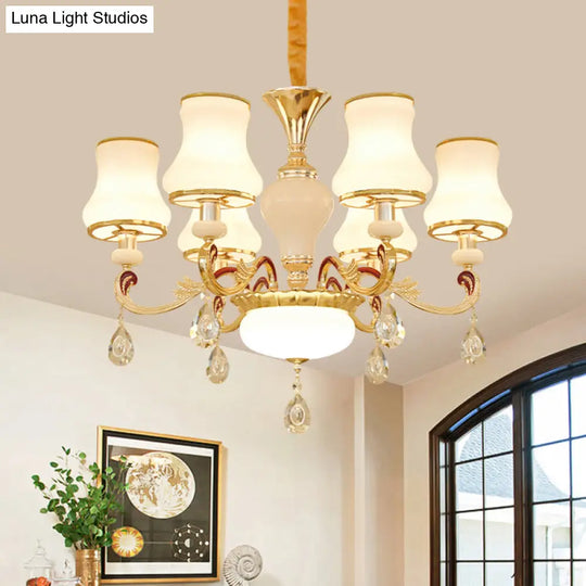 Contemporary Opal Glass Curved Cone Chandelier Light With Crystal Drop Deco - Gold Finish 3/6 Bulbs