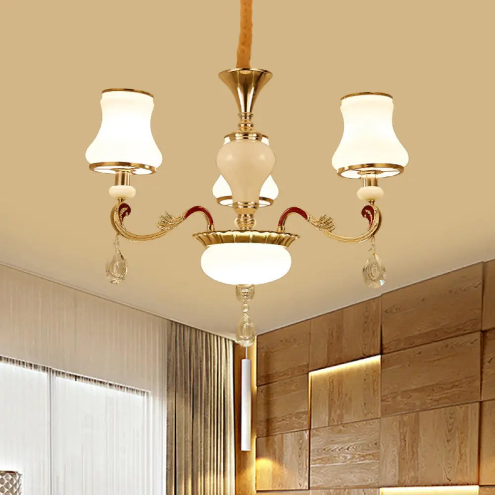 Contemporary Opal Glass Curved Cone Chandelier Light With Crystal Drop Deco - Gold Finish 3/6 Bulbs