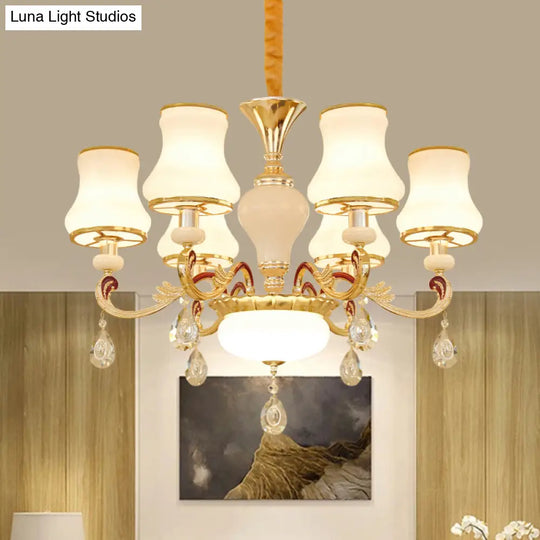 Contemporary Opal Glass Curved Cone Chandelier Light With Crystal Drop Deco - Gold Finish 3/6 Bulbs