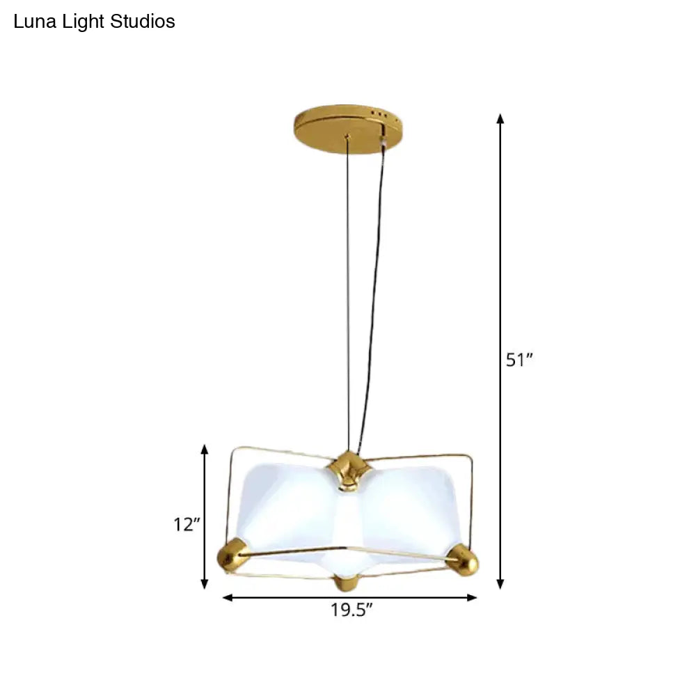 Contemporary Opal Glass Diamond Chandelier - Gold Led Hanging Ceiling Light With Frame 3 Bulbs