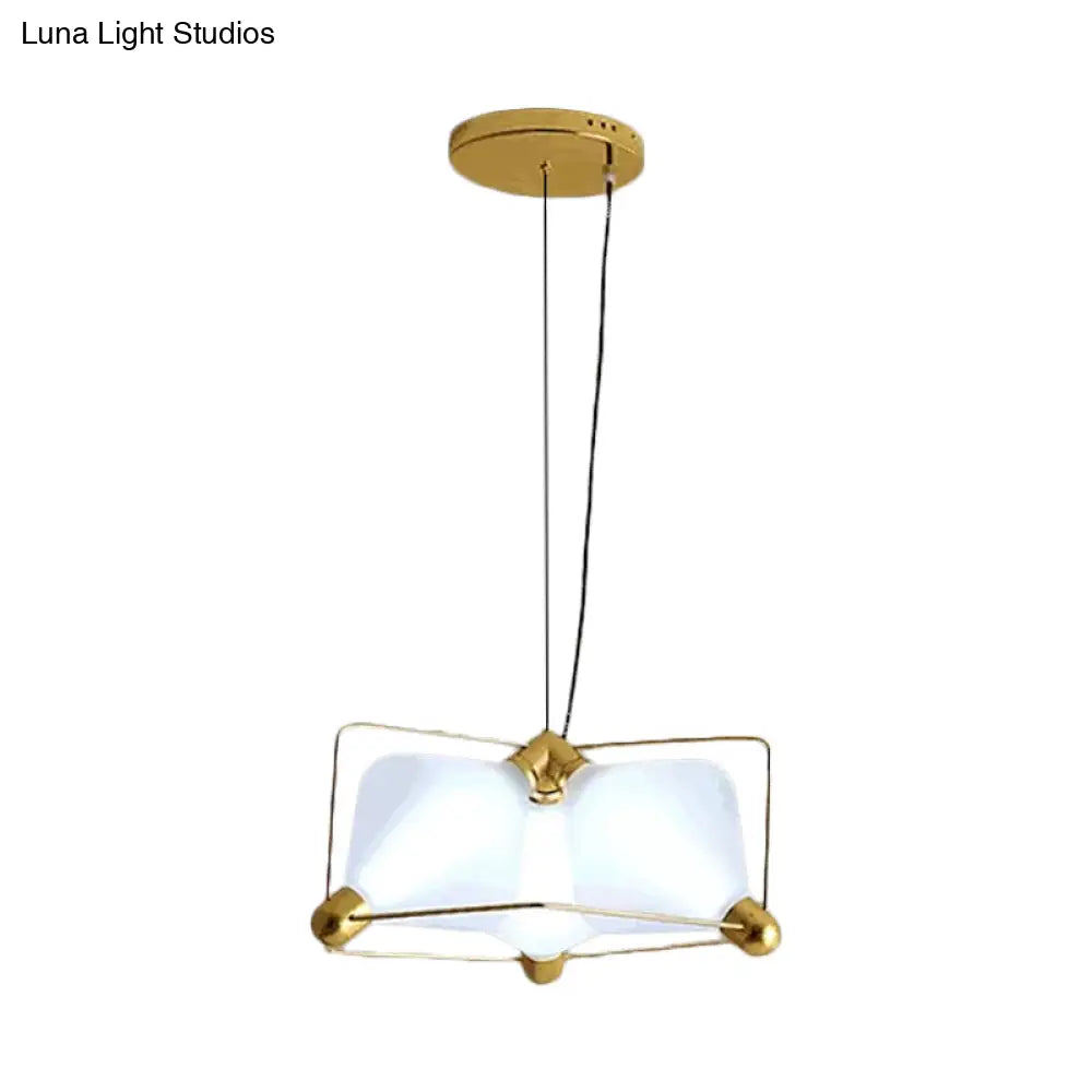 Contemporary Opal Glass Diamond Chandelier - Gold Led Hanging Ceiling Light With Frame 3 Bulbs