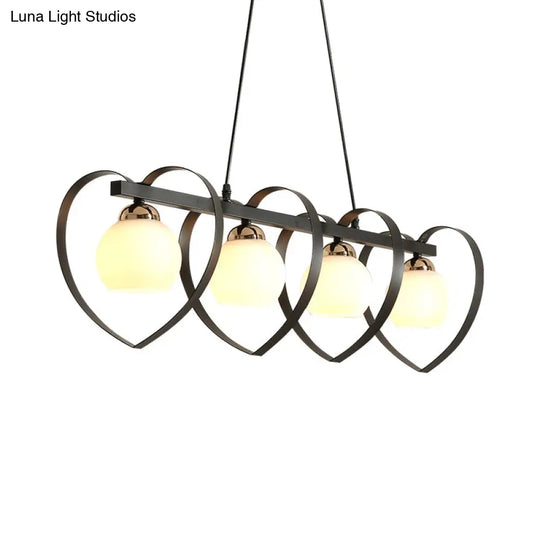 Contemporary Opal Glass Island Lighting - 3/4 Lights White/Black Hanging Ceiling Lamp With Heart