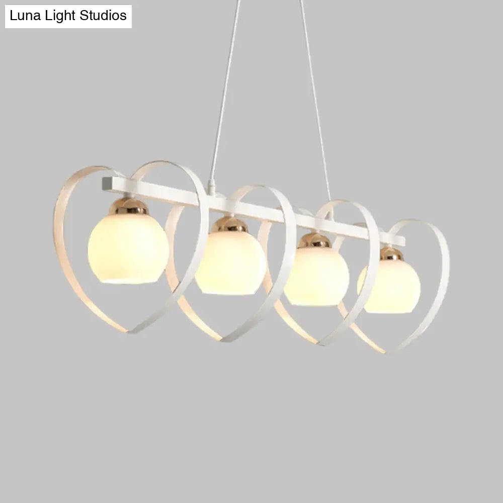 Contemporary Opal Glass Island Lighting - 3/4 Lights White/Black Hanging Ceiling Lamp With Heart