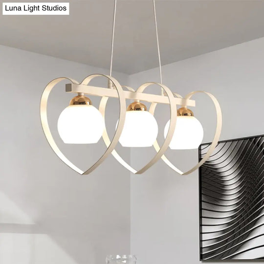 Contemporary Opal Glass Island Lighting - 3/4 Lights White/Black Hanging Ceiling Lamp With Heart