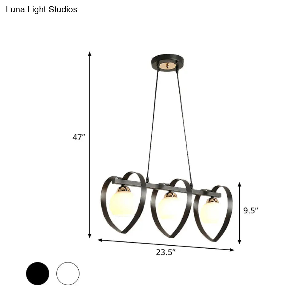 Contemporary Opal Glass Island Lighting - 3/4 Lights White/Black Hanging Ceiling Lamp With Heart