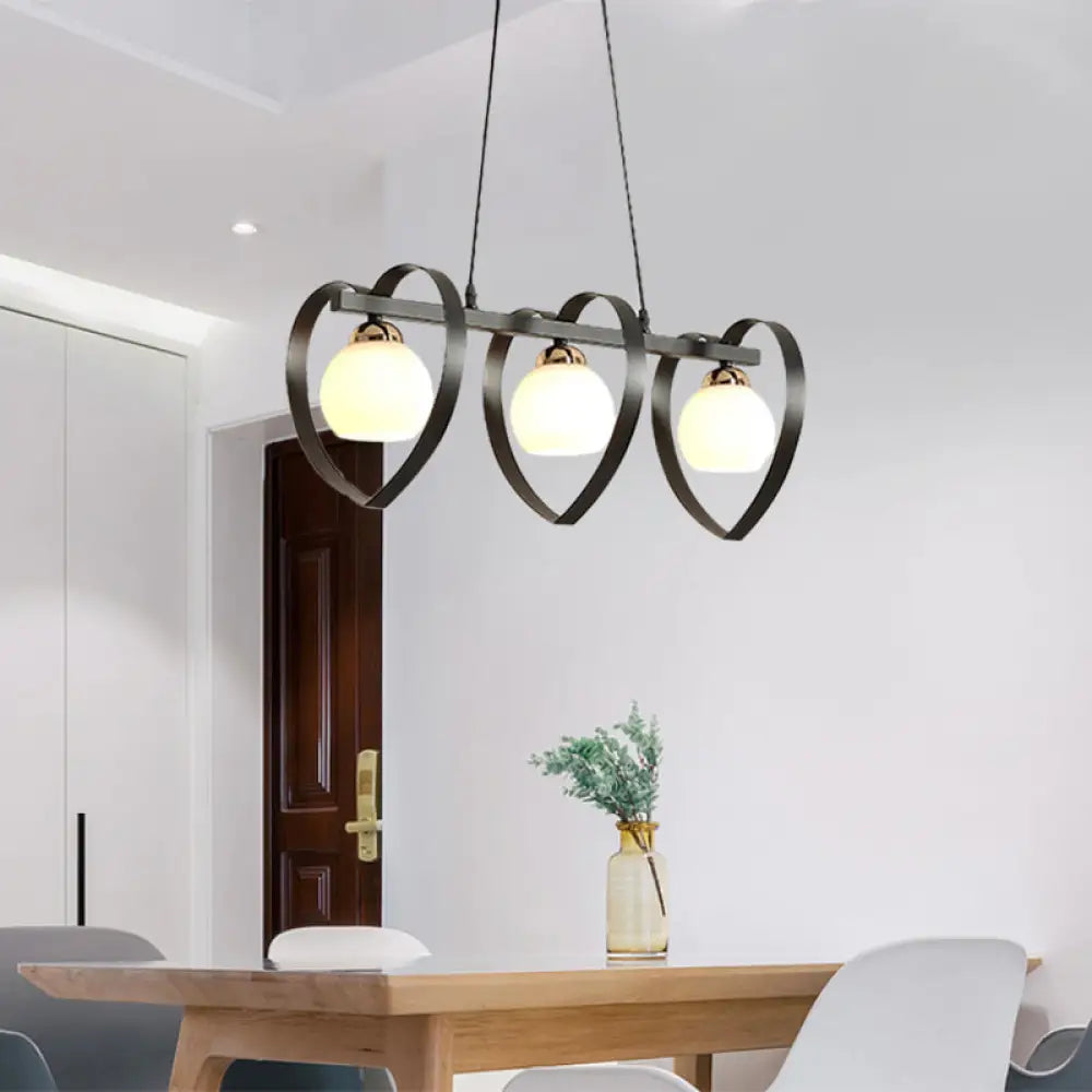 Contemporary Opal Glass Island Lighting - 3/4 Lights White/Black Hanging Ceiling Lamp With Heart