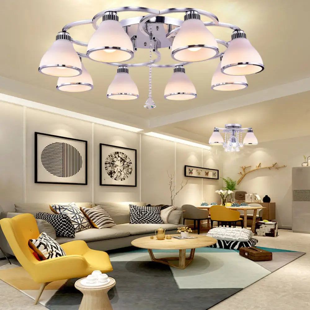 Contemporary Opal Glass Semi Flush Light Crystal 8 - Light Mount In Chrome For Living Room