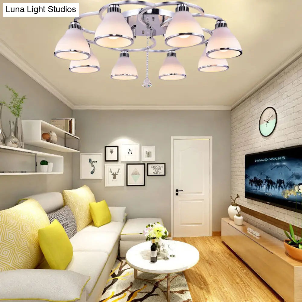 Contemporary Opal Glass Semi Flush Light Crystal 8-Light Mount In Chrome For Living Room