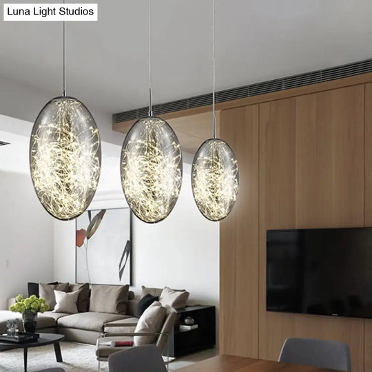 Contemporary Oval Led Pendant Light In Smoke Gray/Amber Glass For Living Rooms