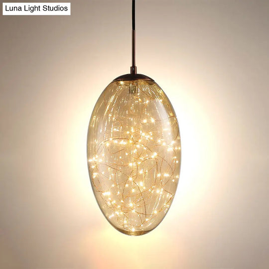 Contemporary Oval Led Pendant Light In Smoke Gray/Amber Glass For Living Rooms