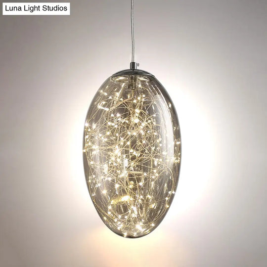 Contemporary Oval Led Pendant Light In Smoke Gray/Amber Glass For Living Rooms