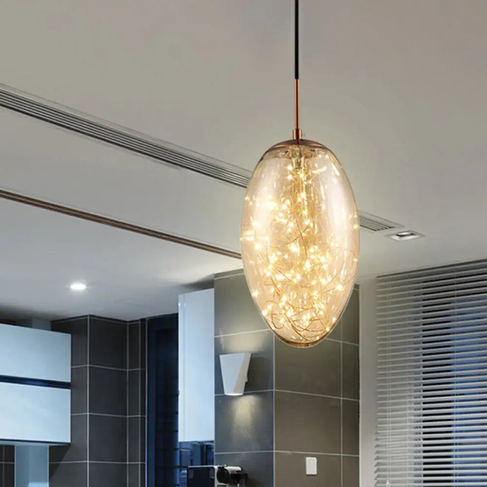 Contemporary Oval Led Pendant Light In Smoke Gray/Amber Glass For Living Rooms Amber