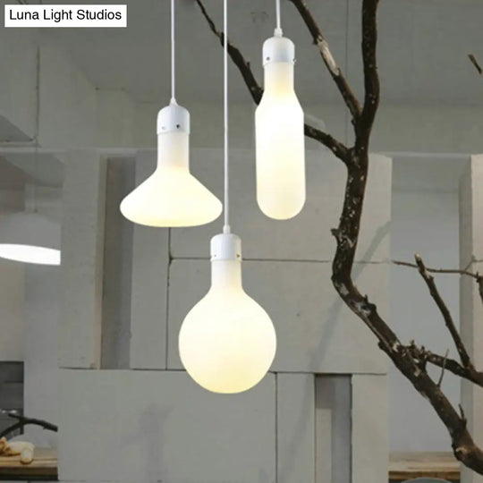 Contemporary Pendant Lighting: Single Light With White Glass Shade - Silver Ball/Cone/Pill-Shaped