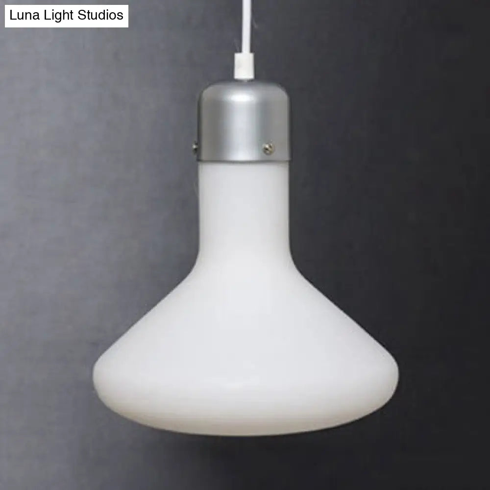 Contemporary Pendant Lighting: Single Light With White Glass Shade - Silver Ball/Cone/Pill-Shaped