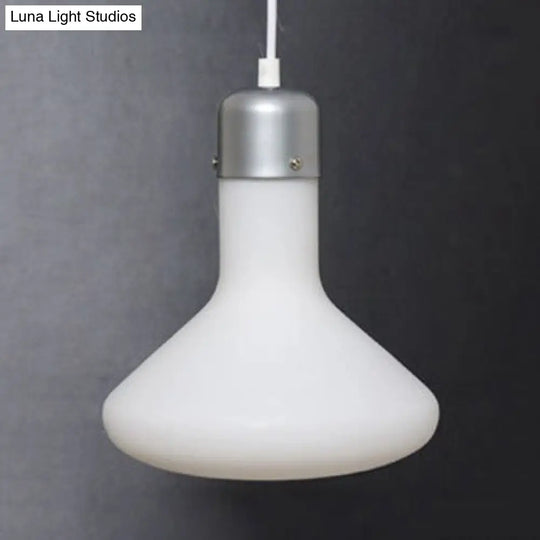 Contemporary Pendant Lighting: Single Light With White Glass Shade - Silver Ball/Cone/Pill-Shaped