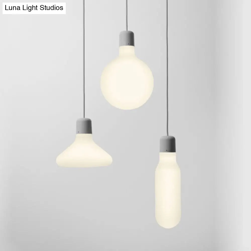 Contemporary Pendant Lighting: Single Light With White Glass Shade - Silver Ball/Cone/Pill-Shaped