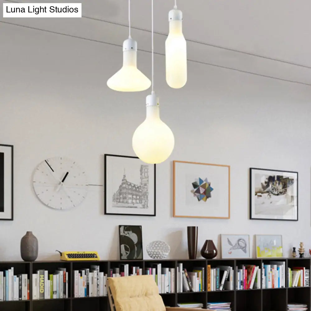 Contemporary Pendant Lighting: Single Light With White Glass Shade - Silver Ball/Cone/Pill-Shaped