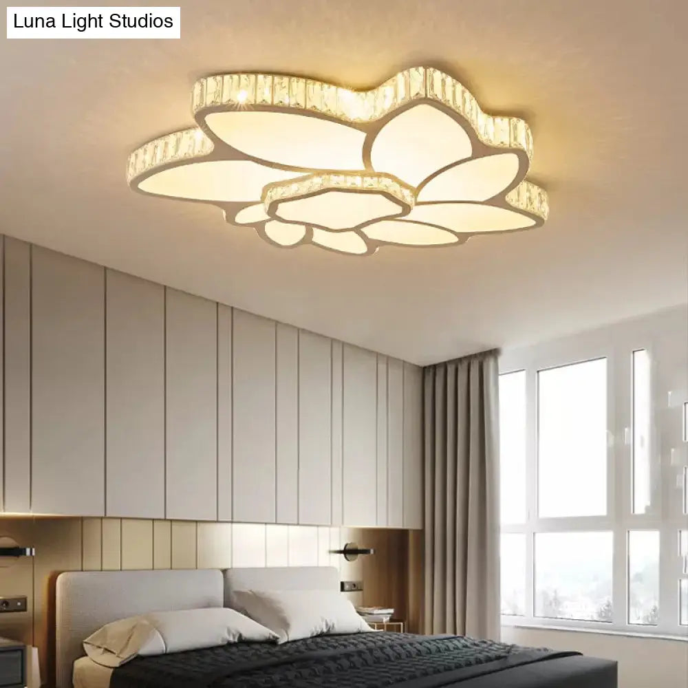 Contemporary Petal Flush Mount Light With Crystal Deco In White - Ideal For Hotel Ceiling